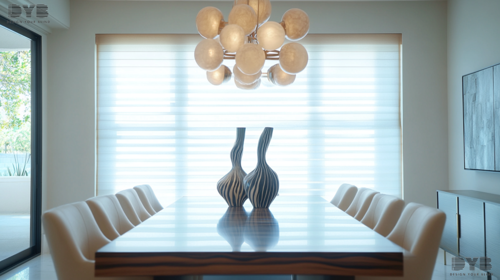 A modern dining room in Boynton Beach, FL, featuring an urban interior design style with a sleek dining table and chairs, a modern light fixture hanging above, a contemporary sculpture on a pedestal, and a partially closed Zebra Shade.