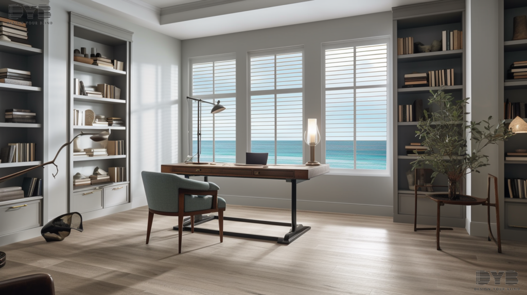 Silhouette Shades in a farmhouse modern home office in Delray Beach, Florida