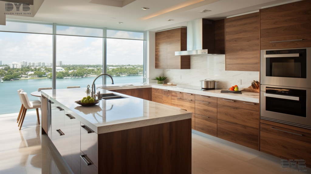 Boca Raton kitchen with Blackout Roller Shades overlooking the Intercoastal Waterway