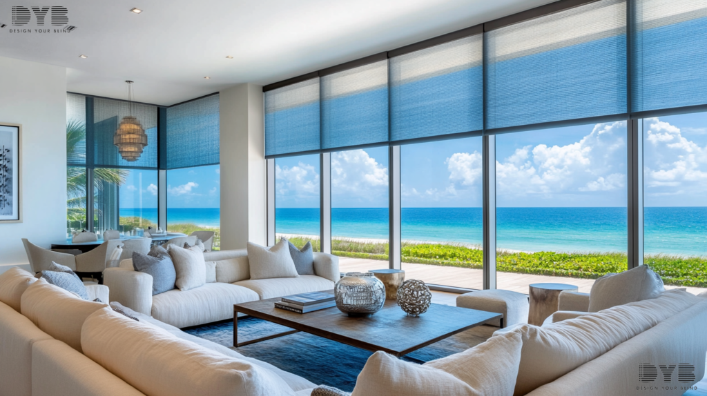 A minimalist Formal Living Room in Boca Raton, Florida, with blackout roller shades and ocean views.