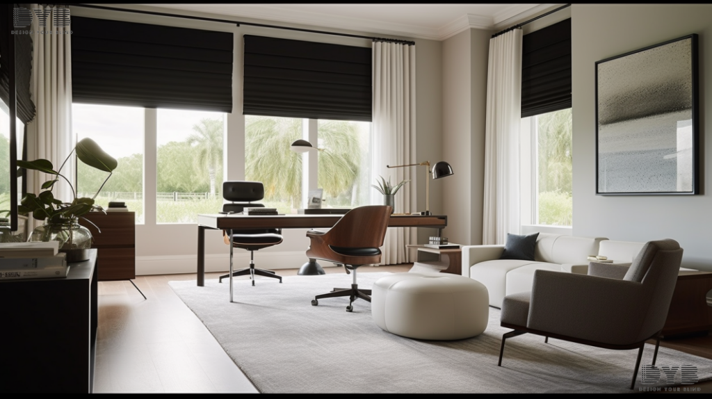 A minimalist home office in Boca Raton, Florida, with blackout roller shades and a contemporary sculpture.