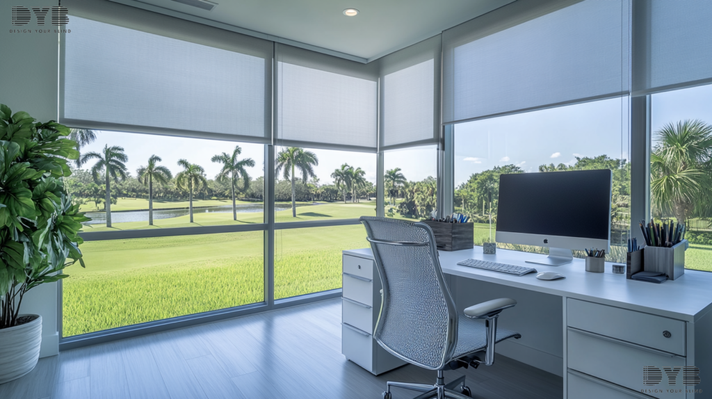 A home office in Boca Raton, Florida with Zebra Shades, sleek furniture, a golf course view, and a modern, minimal design.