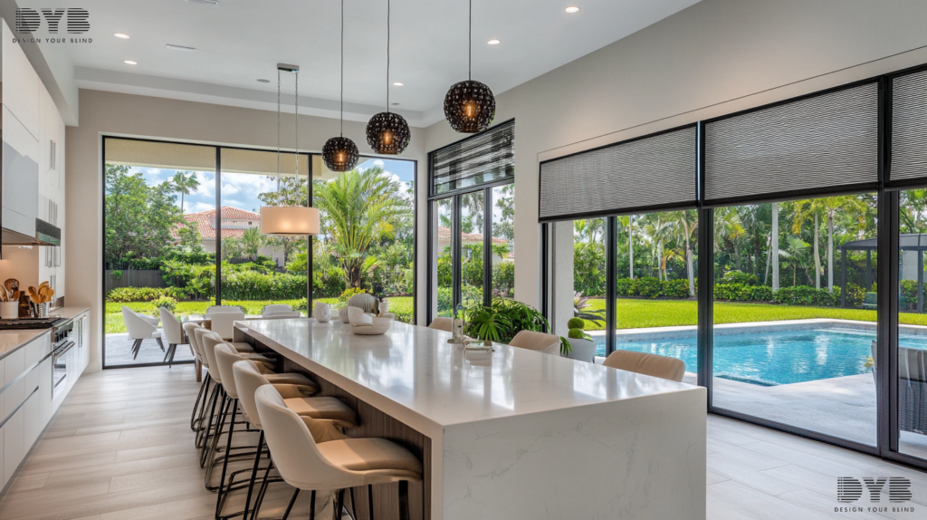 A birds eye view of a modern kitchen in Boca Raton, Florida with Zebra Shades, sleek furniture, a pool, and natural light.