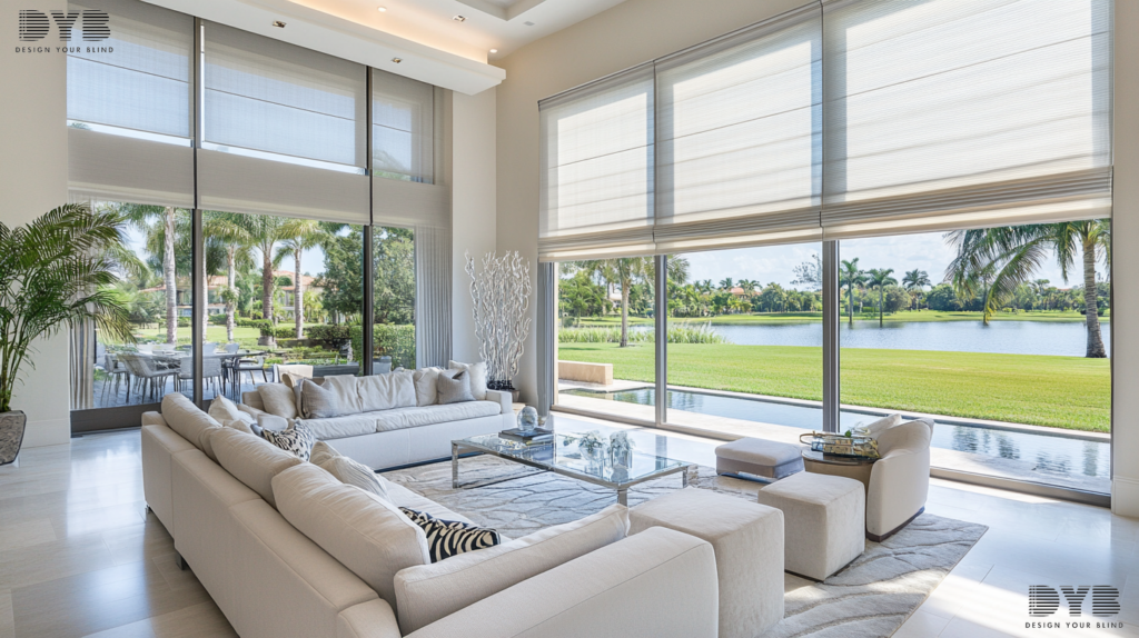 A formal living room in Boca Raton, Florida with Zebra Shades, sleek furniture, a glass sculpture, and a view of a lush backyard.