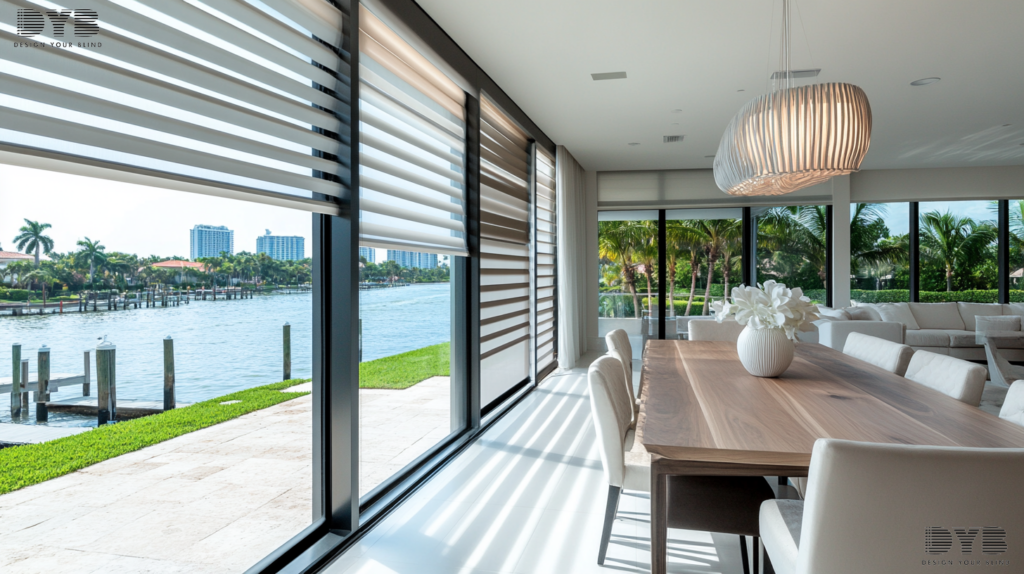 Close-up of a window with Zebra Shades, partially closed, showcasing a minimalist dining room with a view of the Intercoastal Waterway