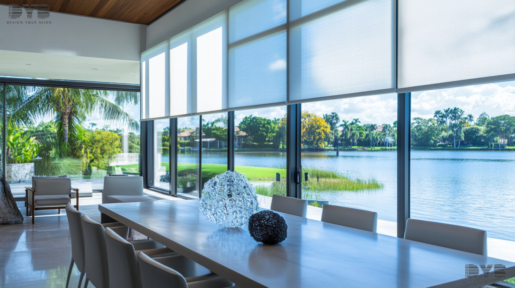 A contemporary dining room with Solar Roller Shades, a sleek dining table, and a glass sculpture on the table