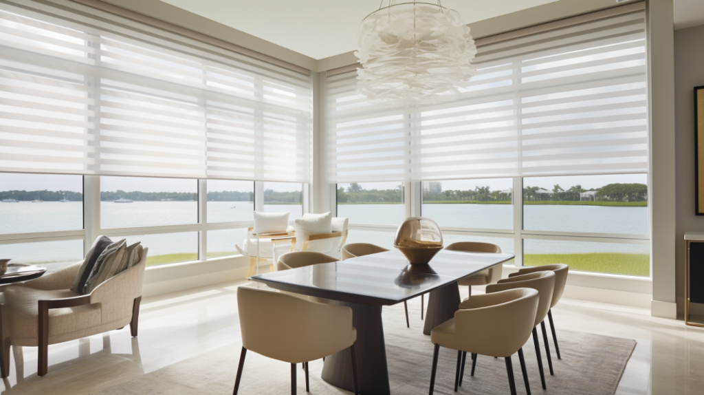 Coastal dining room in Lighthouse Point, FL with Screen Roller Shades.
