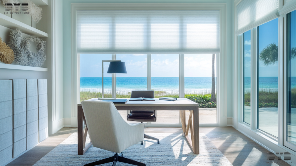 A home office in Delray Beach, FL, with Coastal decor, featuring Silhouette Shades on the windows.