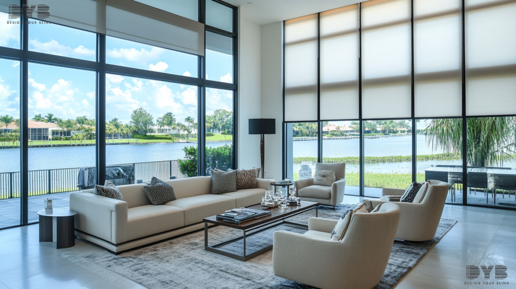 Solar Shades in a Delray Beach formal living room, offering a stylish and practical solution for heat control and light filtering.
