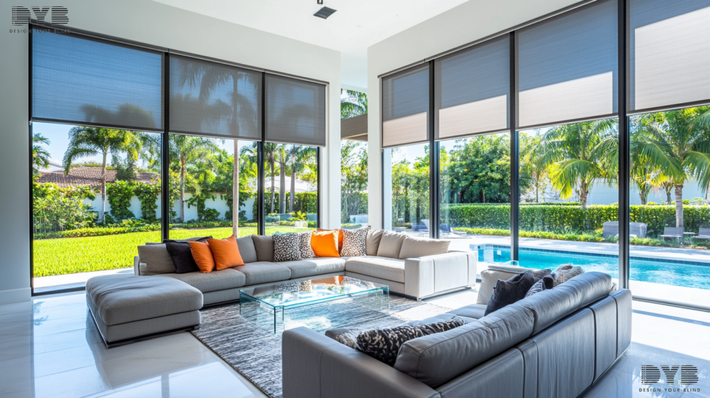 Solar shades in a modern Delray Beach living room, offering a stylish and practical solution for heat control and light filtering.