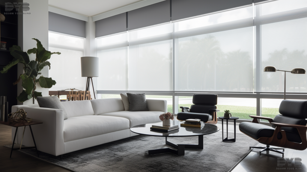 Boca Raton living room with Blackout Roller Shades, a sanctuary of comfort and style