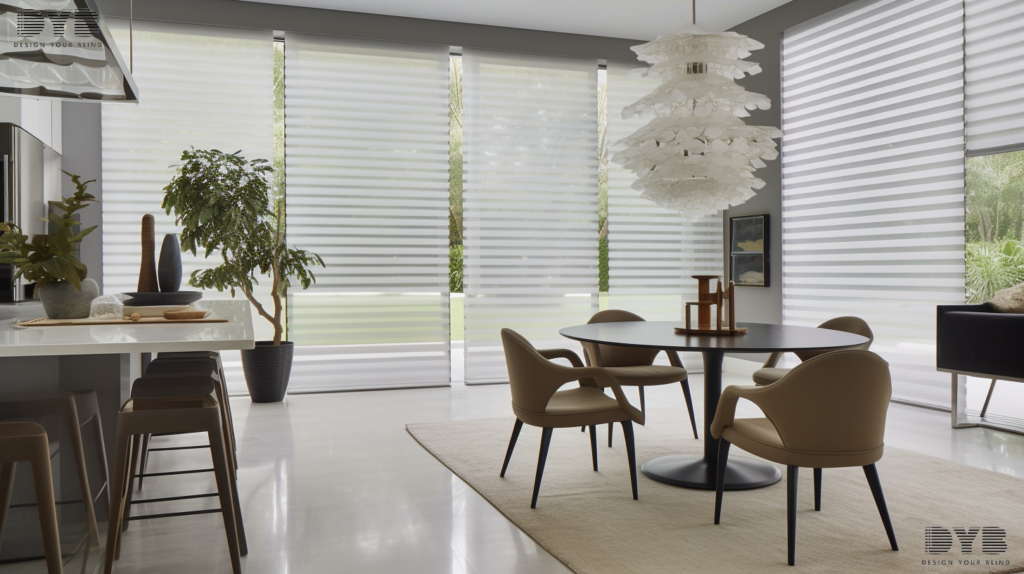 Urban Modern dining room in Lighthouse Point, FL with Screen Roller Shades.