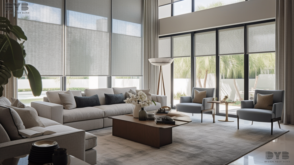 Urban Modern living room in Lighthouse Point, FL featuring Screen Roller Shades.