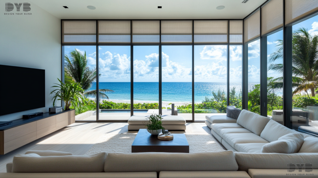 Solar Shades in a Delray Beach minimalist family room, offering a stylish and practical solution for heat control and light filtering.