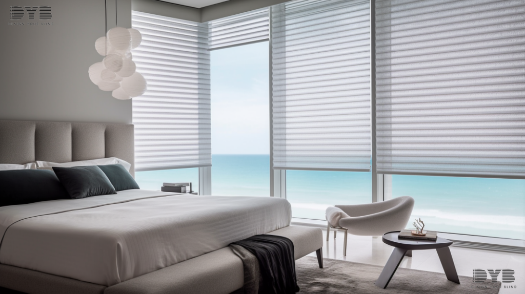 A guest bedroom with Hunter Douglas Silhouette shades, a plush rug, and a beautiful ocean view