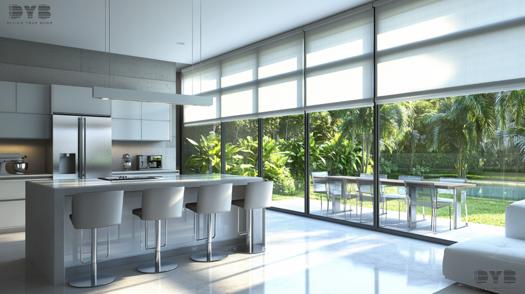 A modern kitchen in Boca Raton, Florida with Zebra Shades, showcasing the play of light and shadow, with sleek furniture and stainless steel appliances.