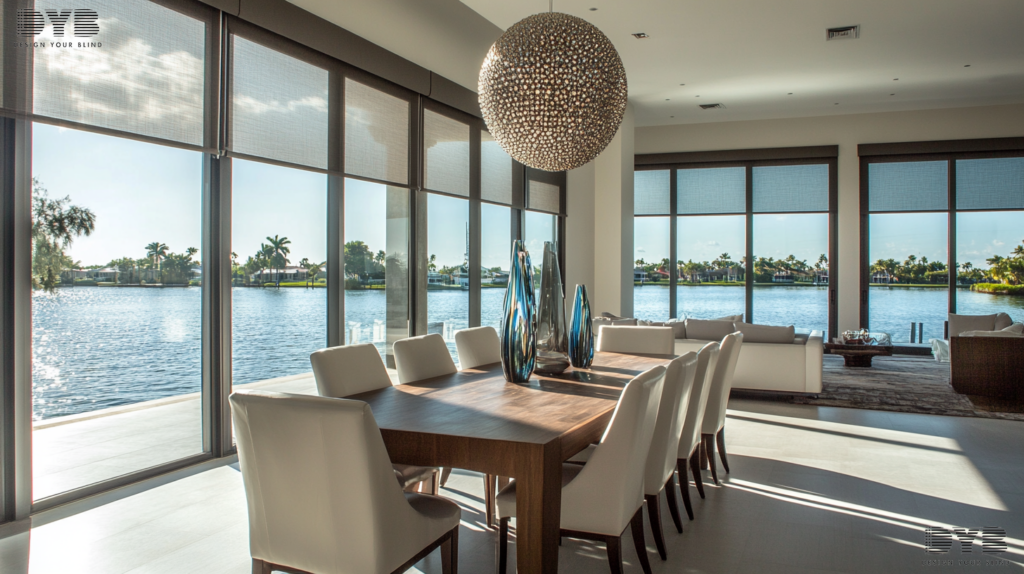 A dining room with a modern dining set and Blackout Roller Shades, creating a dark and intimate atmosphere with a view of the Intercoastal Waterway