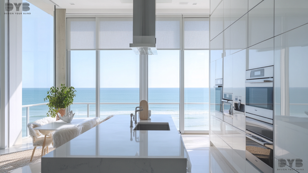 A modern kitchen in Delray Beach, FL, with Silhouette Shades on the windows, creating a stylish and functional space.