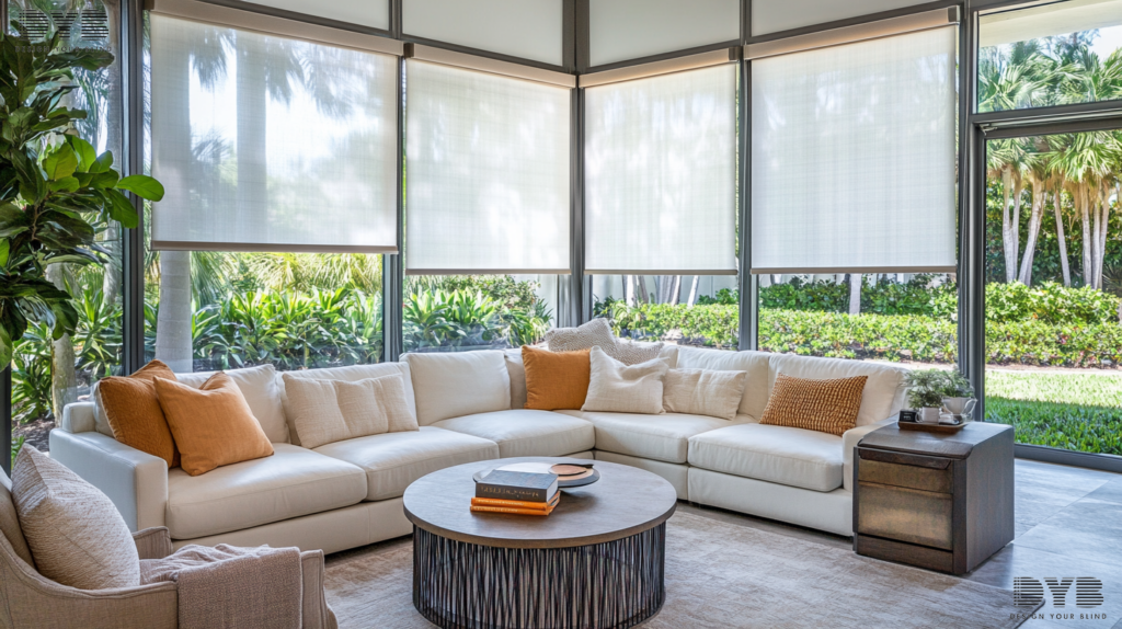 A Transitional style living room in Delray Beach, FL, with Silhouette Shades on the windows overlooking a garden.