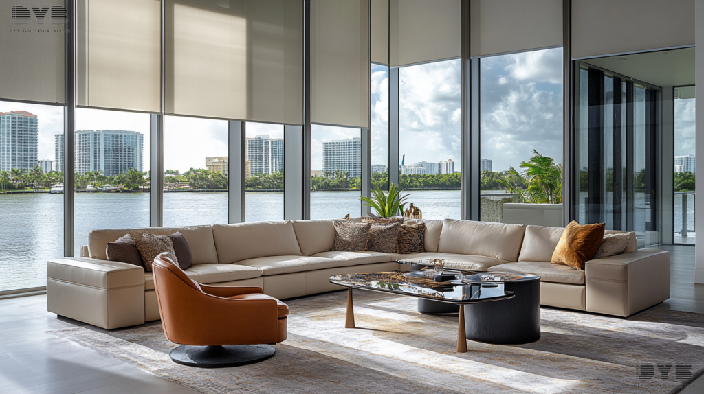 A Transitional style living room in Delray Beach, FL, with Silhouette Shades on the windows creating a play of light and shadow.