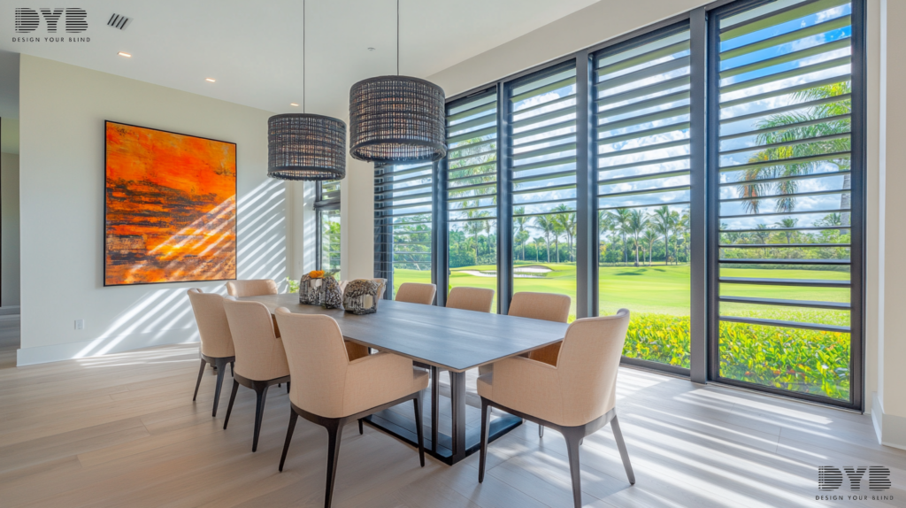 A casual dining room in Boca Raton, Florida with Zebra Shades, a modern table, a golf course view, and a bold contemporary painting.