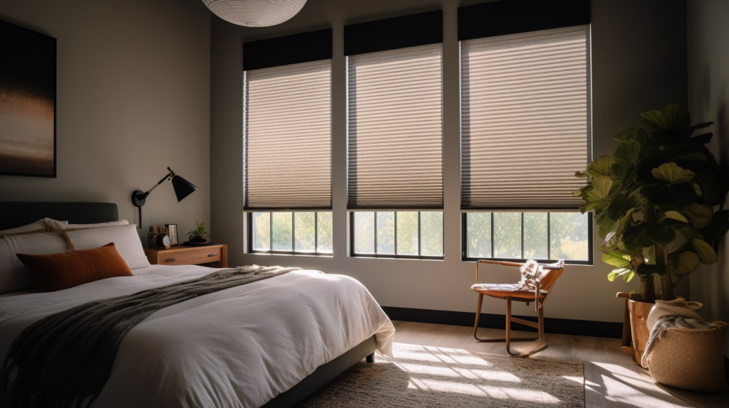 Blackout Honeycomb Shade in a transitional bedroom in Parkland, Florida.