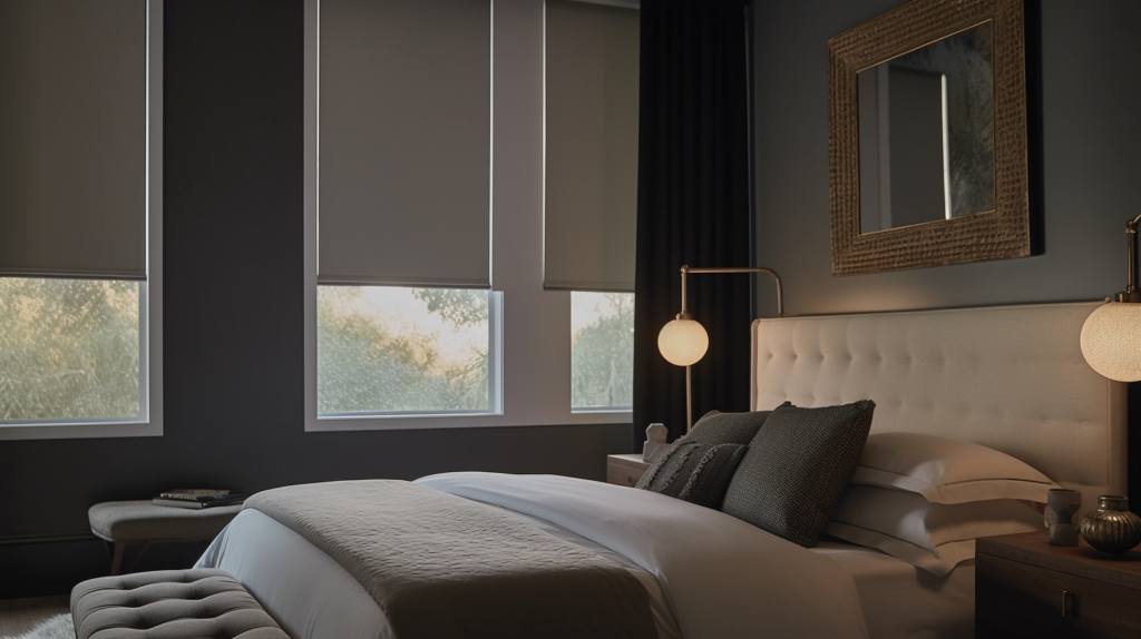 Blackout roller shade in a transitional master bedroom in Parkland, Florida.