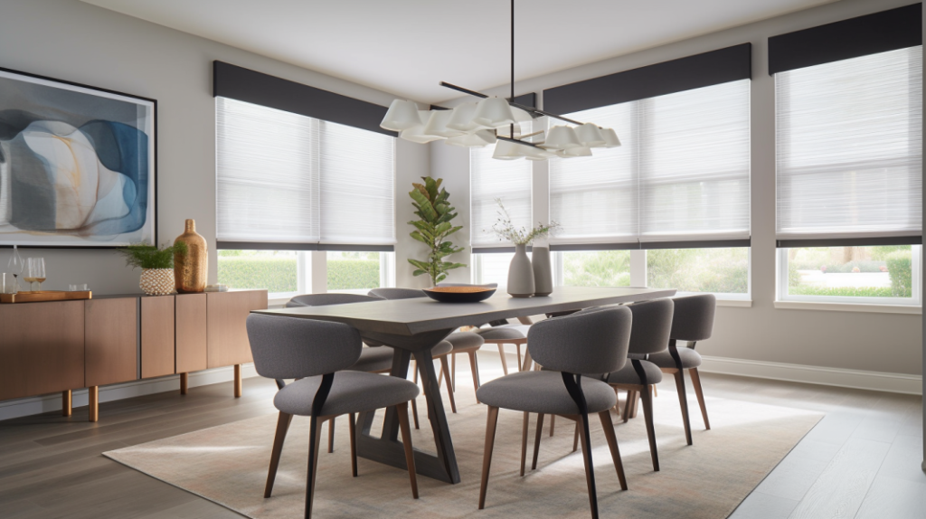 A Casual Dining Room in Lighthouse Point, FL, featuring Blackout Roller Shades on a large window.