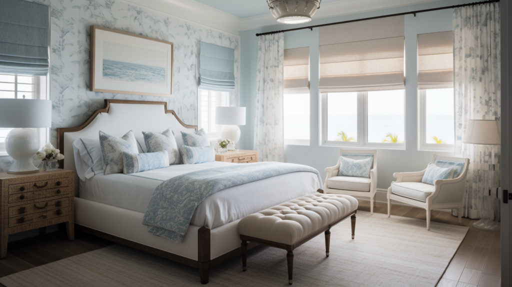 Blackout roller shades in a coastal master bedroom in Boynton Beach, Florida.