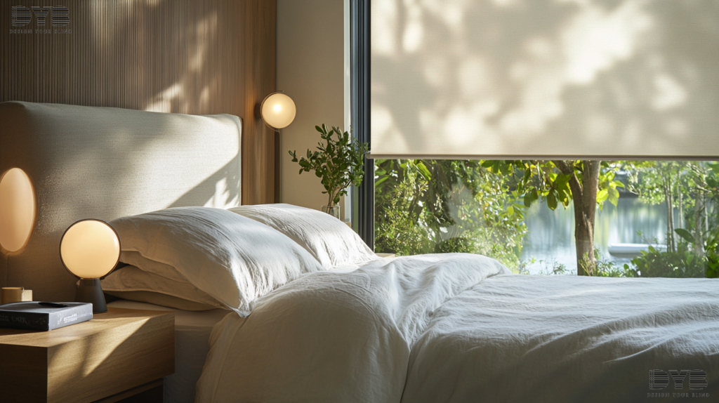 A bedroom with a large window showcasing a partially closed Roller Shade, overlooking a tranquil canal in Boca Raton, FL