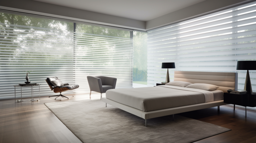 Hunter Douglas Pirouette Shades in a minimalist bedroom with lake views.