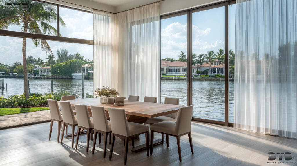 Sheer Curtains in a Boca Raton dining room with a view of the canals