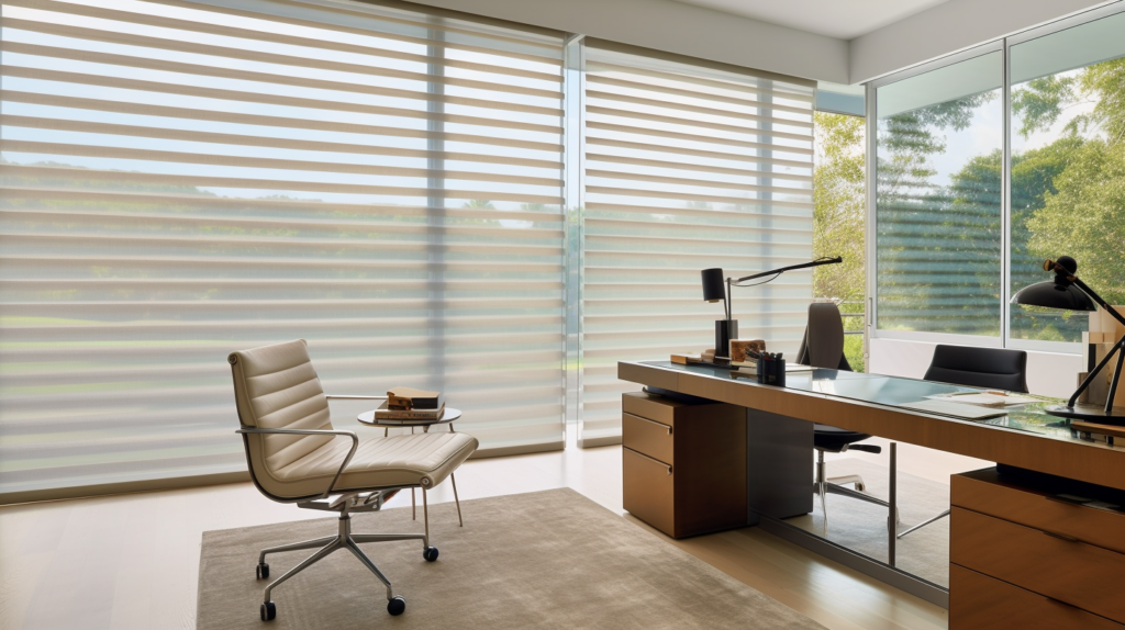 Hunter Douglas Silhouette Shades in a modern home office with garden views.