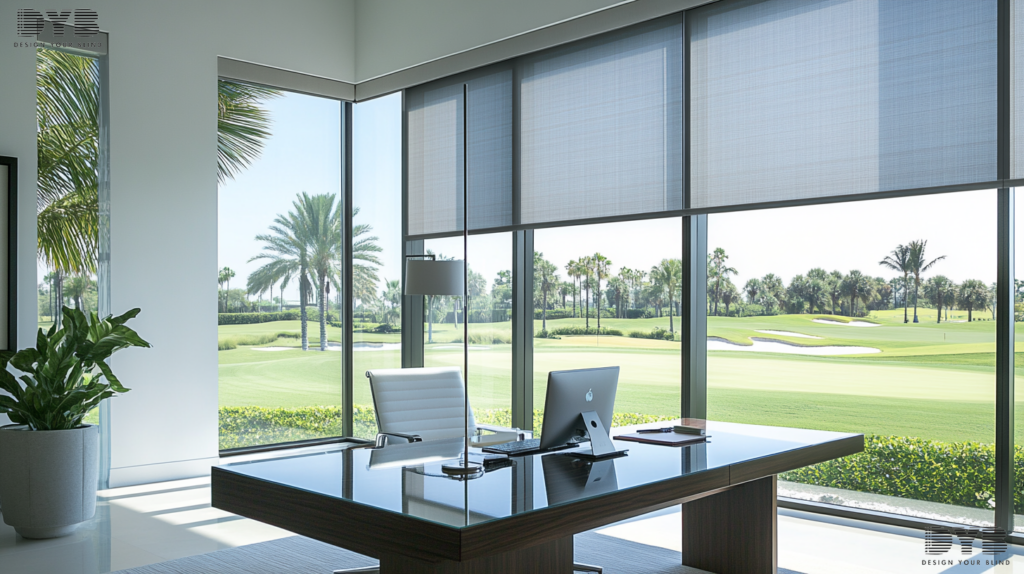 A modern home office in Boca Raton, FL, with Solar Shades, showcasing a minimalist design and a view of the golf course.