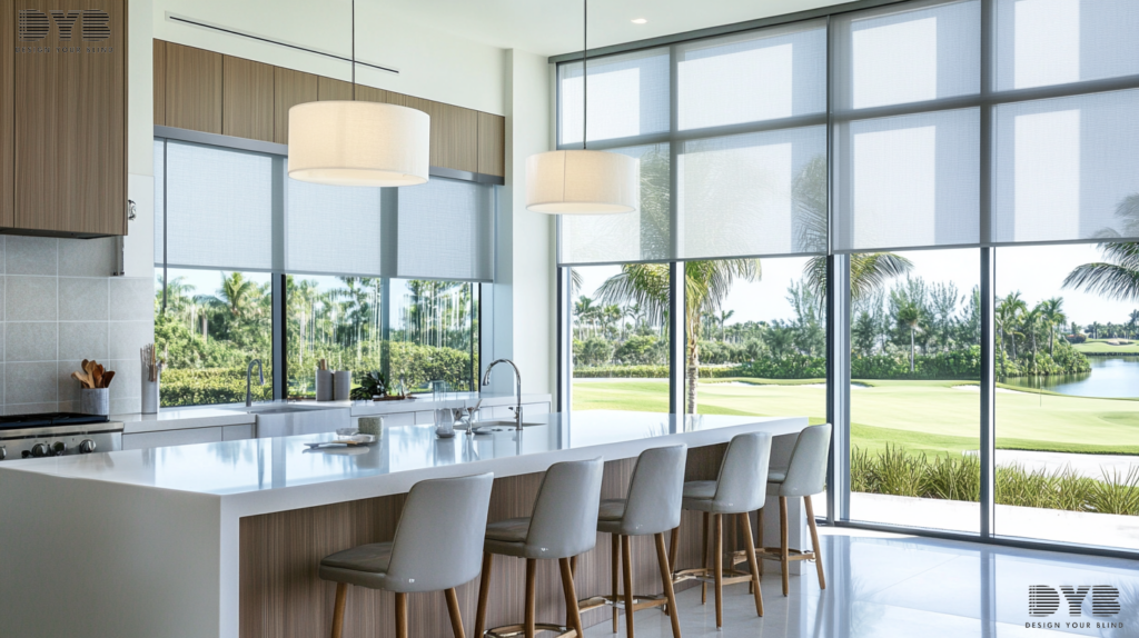 A modern kitchen with large windows showcasing partially closed Roller Shades, overlooking a picturesque golf course in Boca Raton, FL