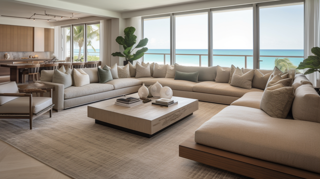 Modern living room with Woven Woods Roman Shades in Boca Raton, Florida.