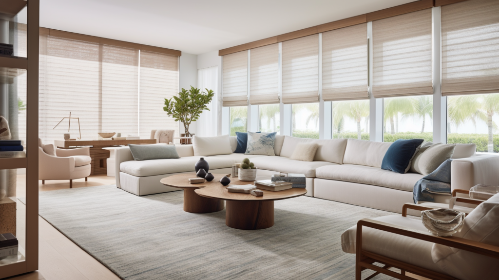 Motorized Solar Shades in a coastal-inspired family room with Intercoastal Waterway views.