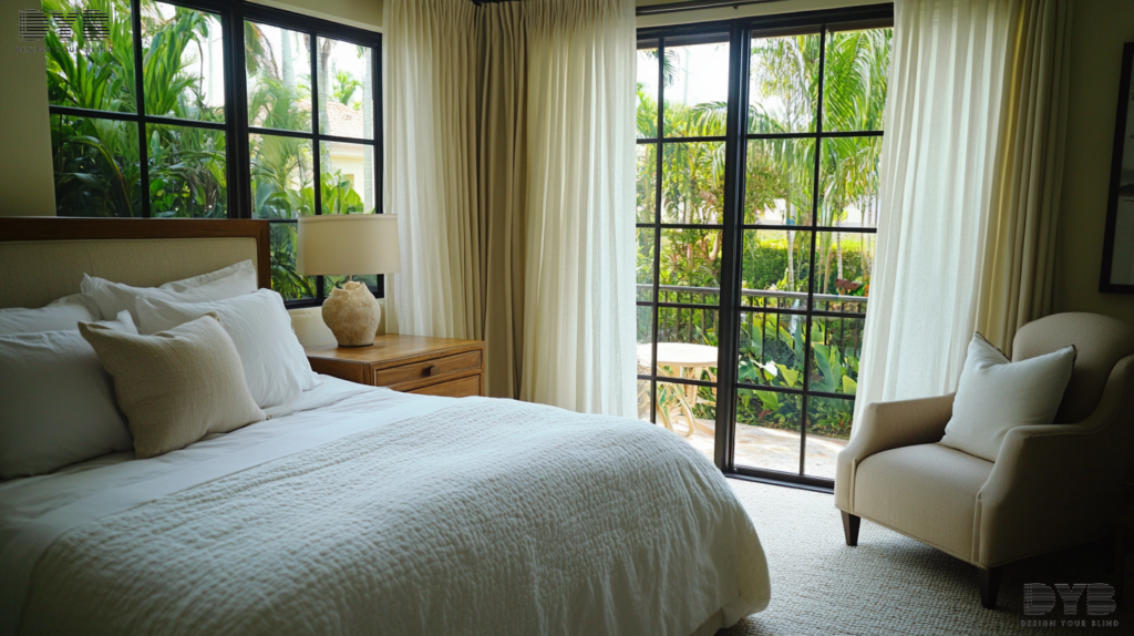 A Guest Bedroom in Lighthouse Point, FL, with a Coastal design style, featuring Sheer Curtains on a large window overlooking a lush backyard. The room is furnished with comfortable pieces from Williams Sonoma, including a plush bed with a white duvet, a wooden nightstand, and a cozy armchair. The Sheer Curtains are partially closed, creating a soft, diffused light that casts a gentle glow across the room, creating a welcoming and relaxing ambiance.