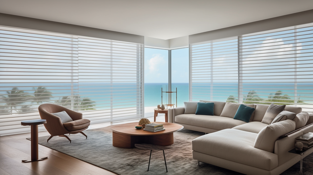Hunter Douglas Silhouette Shades in a contemporary living room with ocean views.