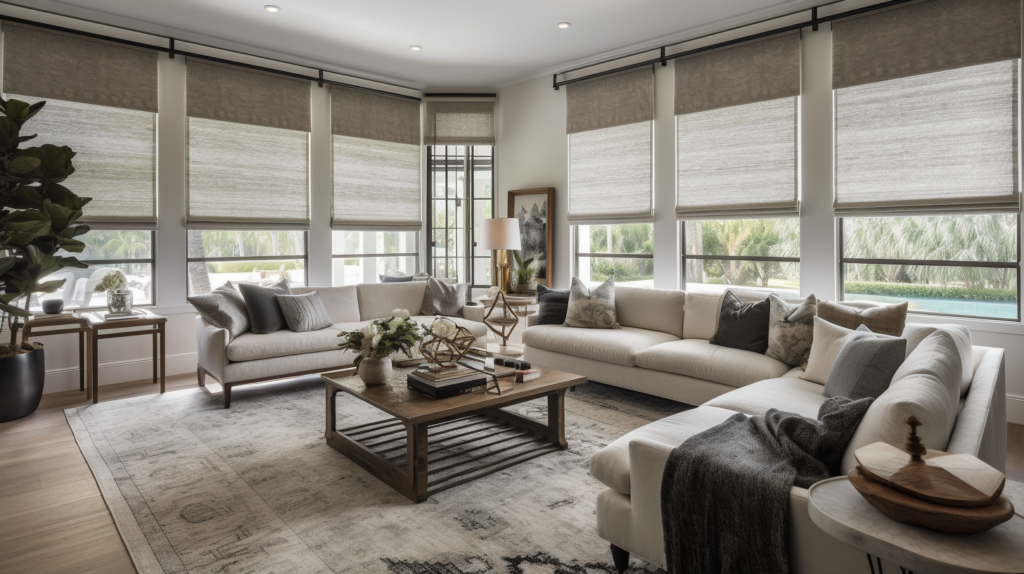 Spacious family room in Parkland, Florida, with motorized Solar Shades.