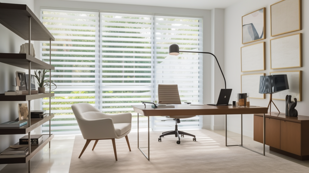 Modern home office with Hunter Douglas Honeycomb Shades in Boca Raton, Florida.