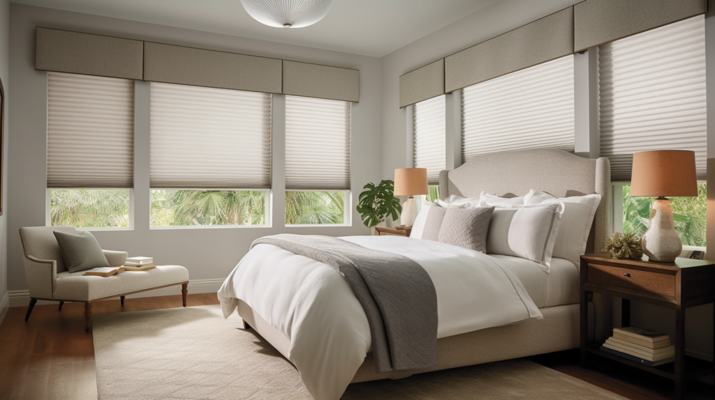 Comfortable guest bedroom in Delray Beach, Florida, featuring Hunter Douglas Honeycomb Shades.