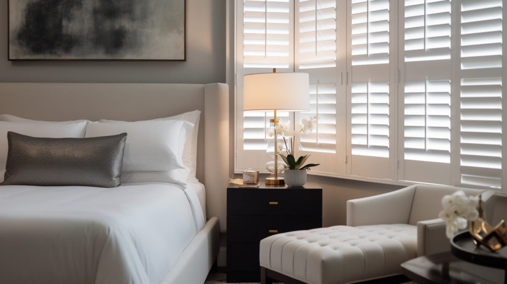 Close-up of white plantation shutters in a transitional-style bedroom in Boynton Beach, Florida.
