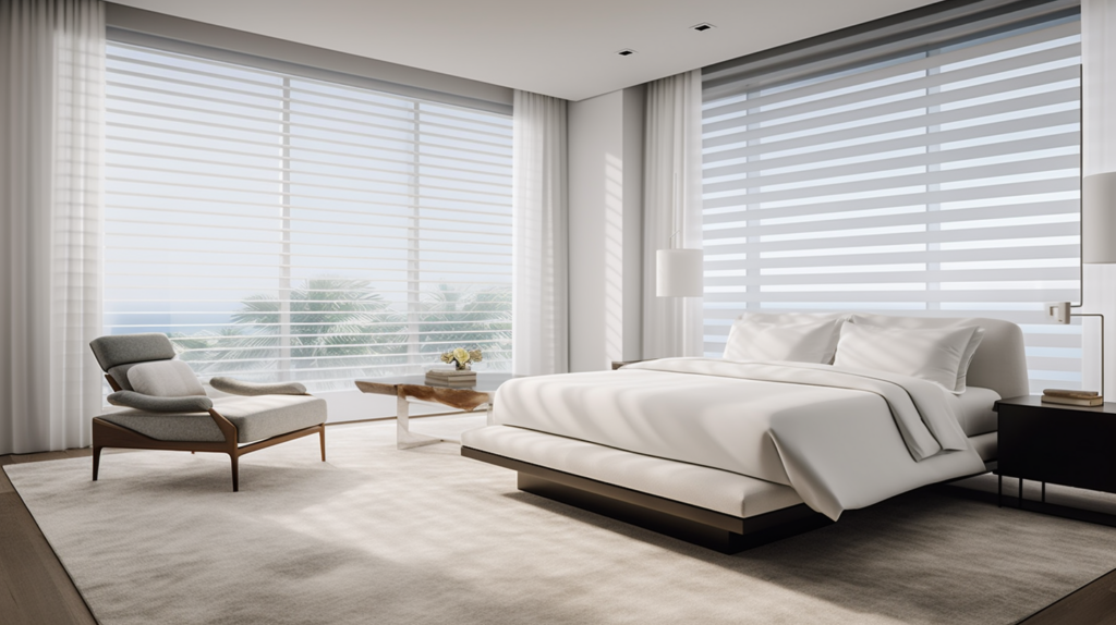 Minimalist bedroom in Parkland, Florida, featuring Hunter Douglas Pirouette Shades.
