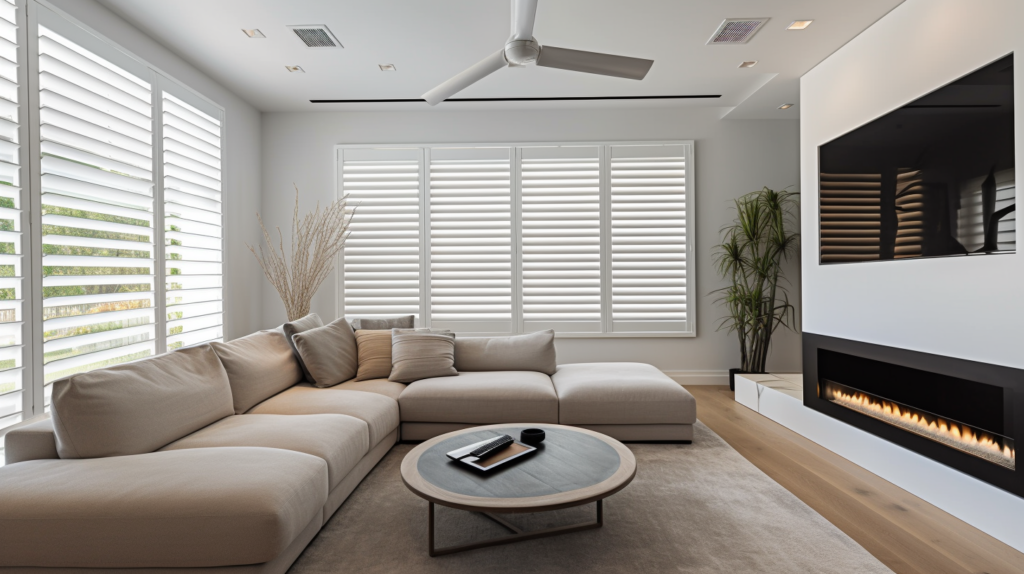 Motorized shades in a luxurious Boca Raton living room, partially drawn to allow soft light to filter through, creating a warm and inviting ambiance. The shades complement the room's modern design, showcasing the benefits of effortless light control and a sophisticated atmosphere.