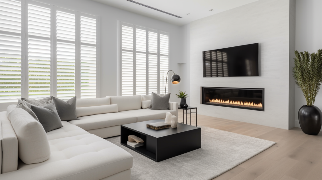 A close-up of a motorized shade fully drawn in a Delray Beach living room, creating a sense of privacy and tranquility. The shade's sleek design complements the room's modern and coastal décor, showcasing the benefits of both style and functionality.