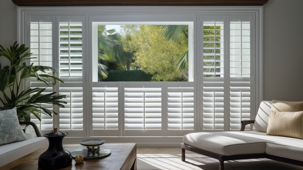 White plantation shutters in a transitional dining room with a backyard view.