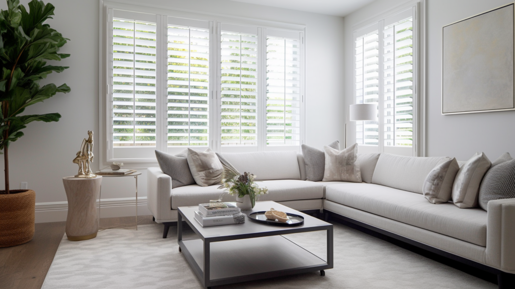 Close-up of white plantation shutters in a minimalist living room in Delray Beach, Florida.