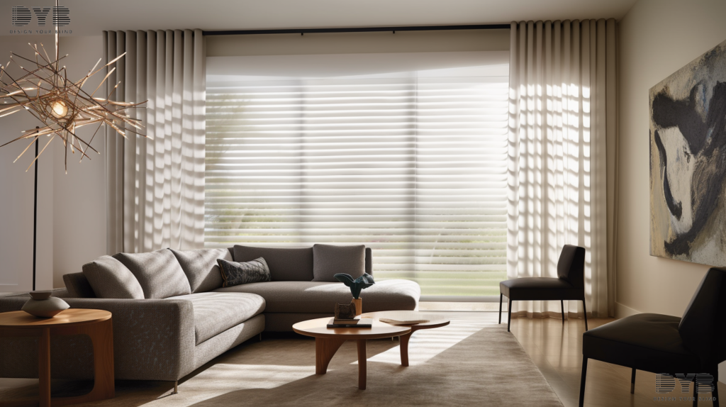 A living room in Lighthouse Point, FL, with a light and shadow play shot of a window with Blackout Curtains. The room has an urban modern design with furniture from Ethan Allen. The curtains are partially open, casting a soft light on the sleek sofa and modern coffee table. The windows overlook a stunning golf course.
