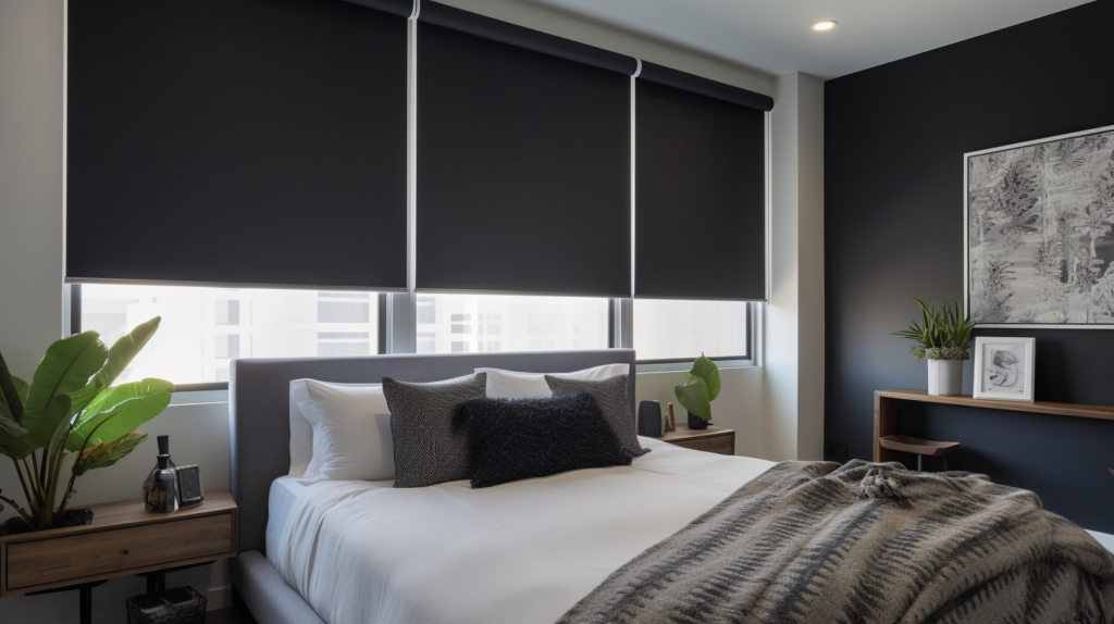Fully closed Blackout Roller Shade in a contemporary guest bedroom in Delray Beach, Florida. The sleek, dark gray Roller Shade completely blocks out light, creating a cool, dark haven for sleep, even during the brightest Florida days. The shade is mounted inside the window frame, emphasizing the clean lines of the room, which features a platform bed with crisp white linens from Restoration Hardware, a pair of matching nightstands with minimalist lamps, and a plush gray area rug. The window overlooks a tranquil garden with lush greenery, offering a peaceful view for guests to enjoy when the shade is raised.